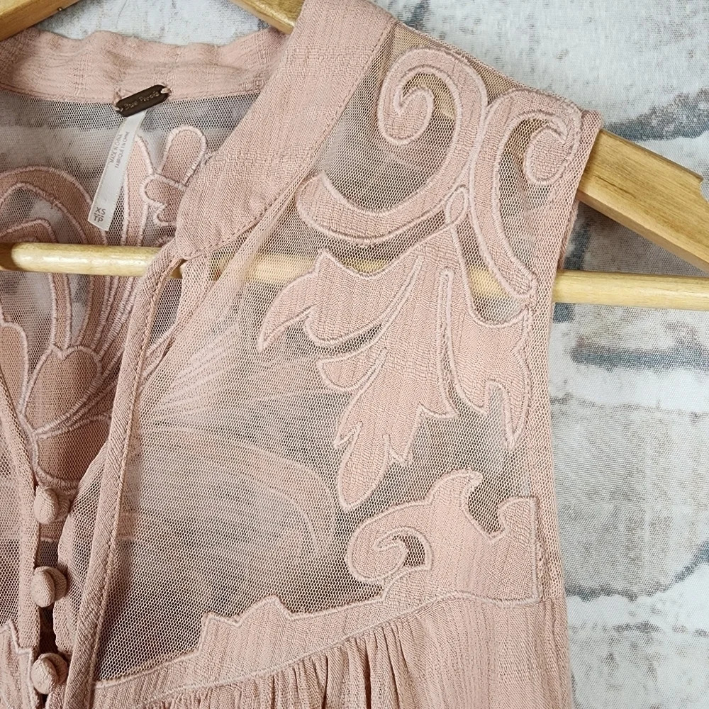 Free People Western Romance Mesh Applique Swing Top Rose Pink Size XS - Picture 7 of 16